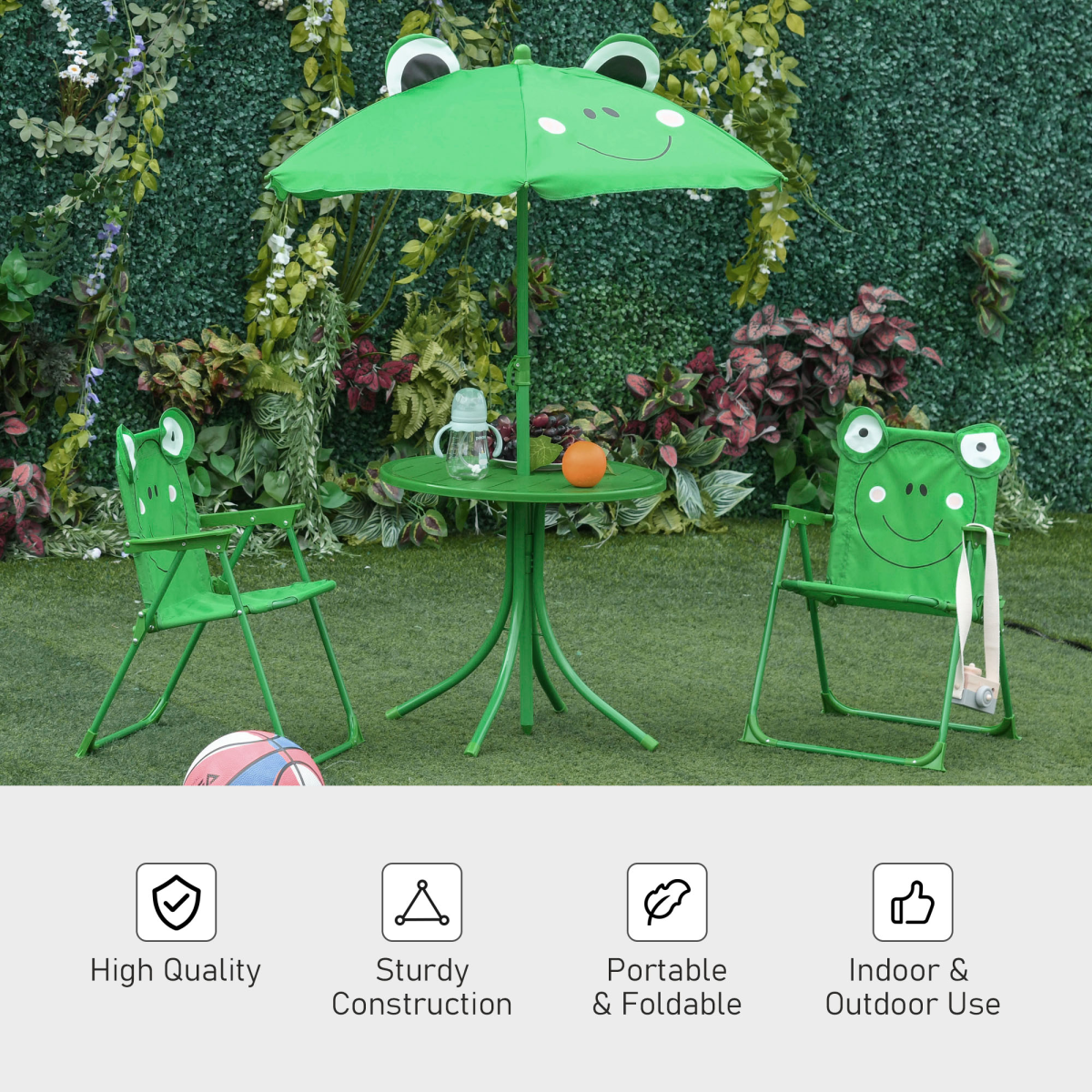 Foldable Kids Metal Patio Picnic Table Set with 2 Chairs and Parasol Umbrella, 4-Piece