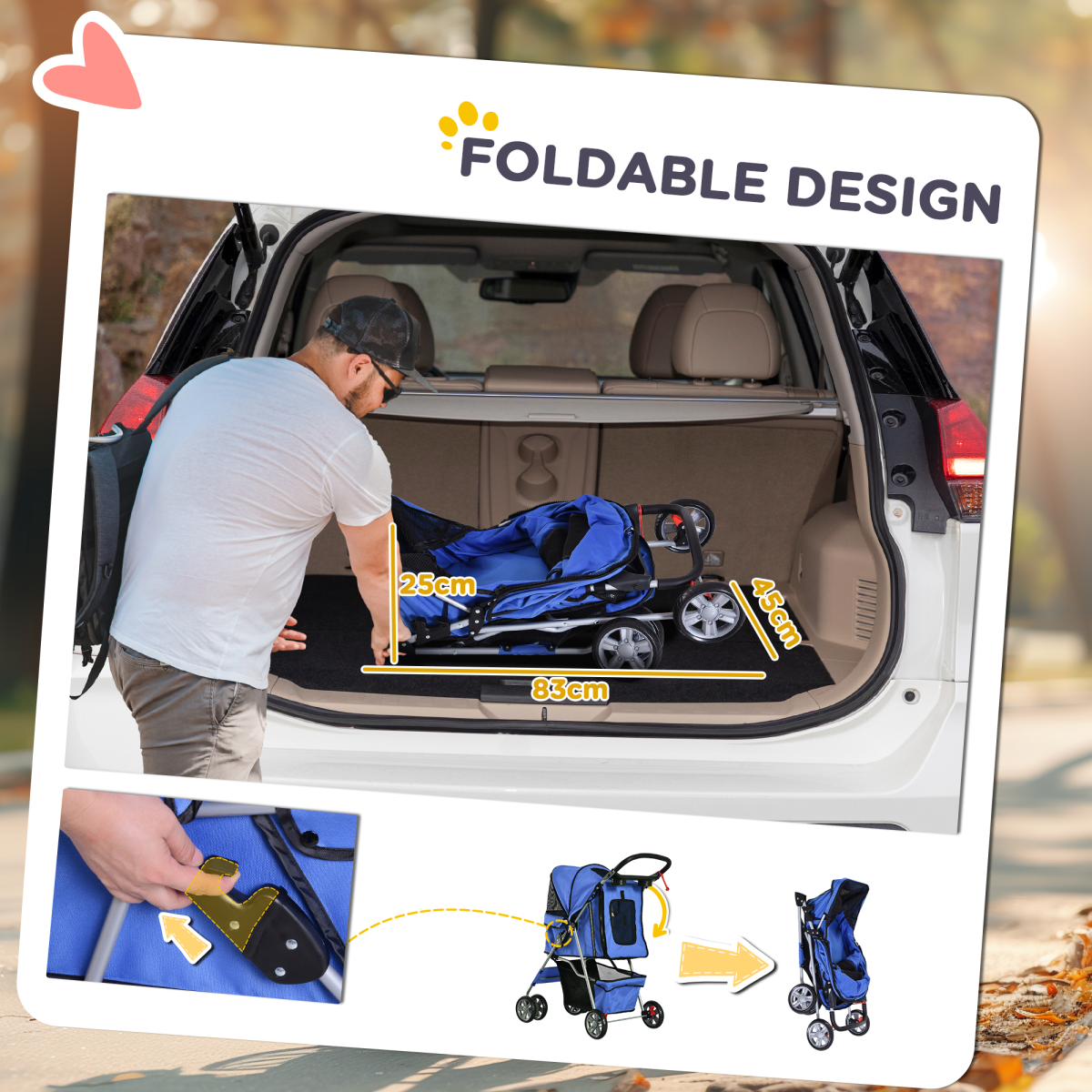 PawHut Foldable Pet Stroller for Small Dogs, 4-Wheel Jogger Pushchair with Brake, Mesh Windows, Storage Compartment and Cup Holder