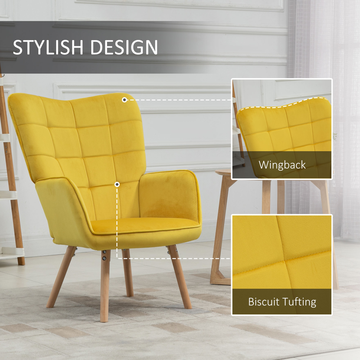 HOMCOM Modern Velvet-Touch Tufted Wingback Accent Chair with Wooden Legs