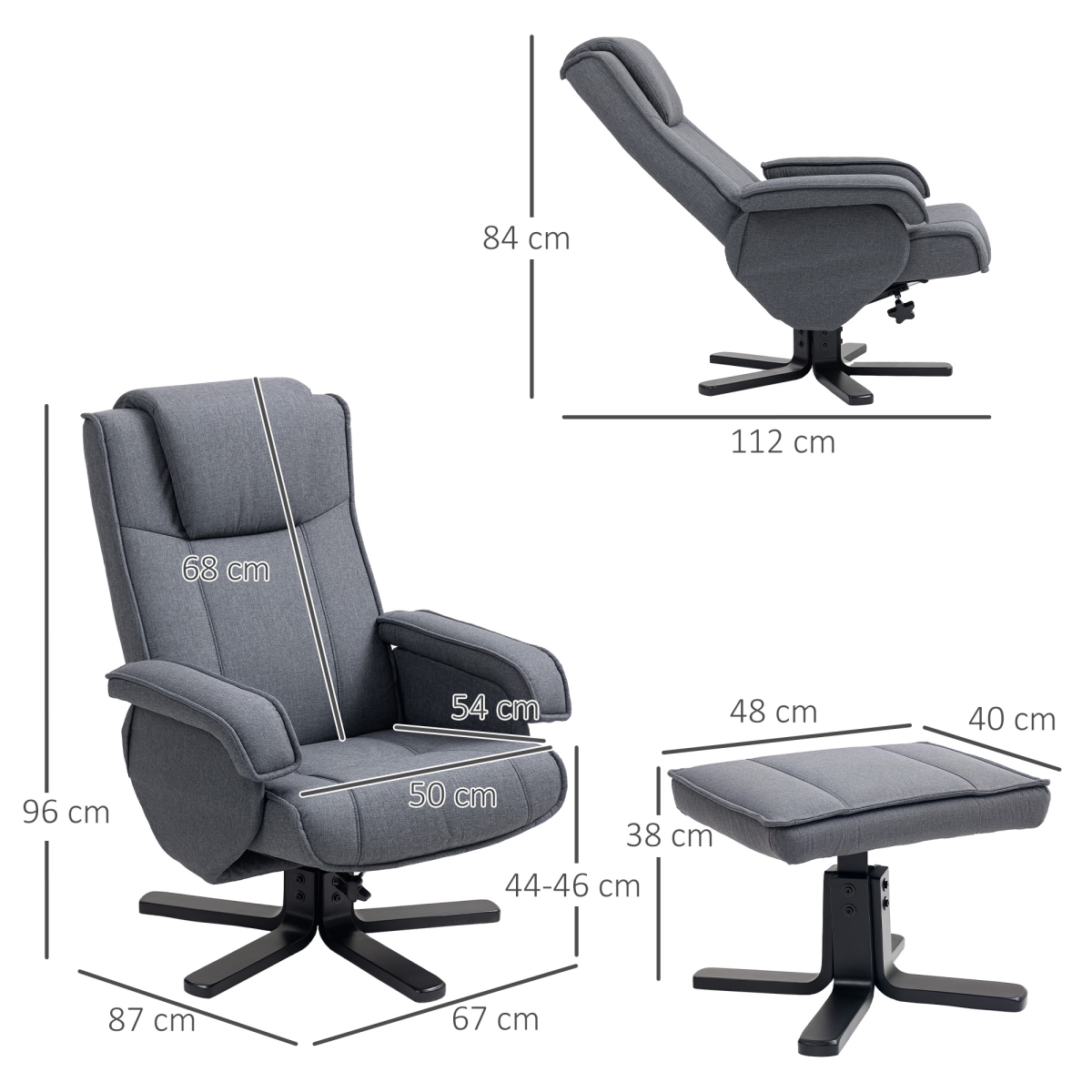 HOMCOM Linen Swivel Rocker Recliner Chair with Footstool, Grey
