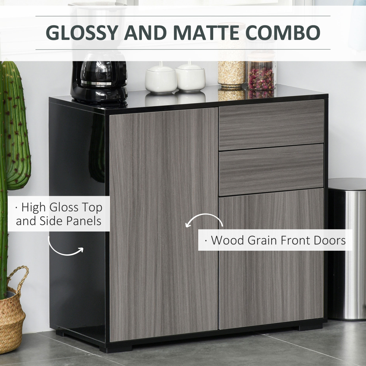 Side Cabinet with 2 Doors and 2 Drawers for Home Office, Grey and Black