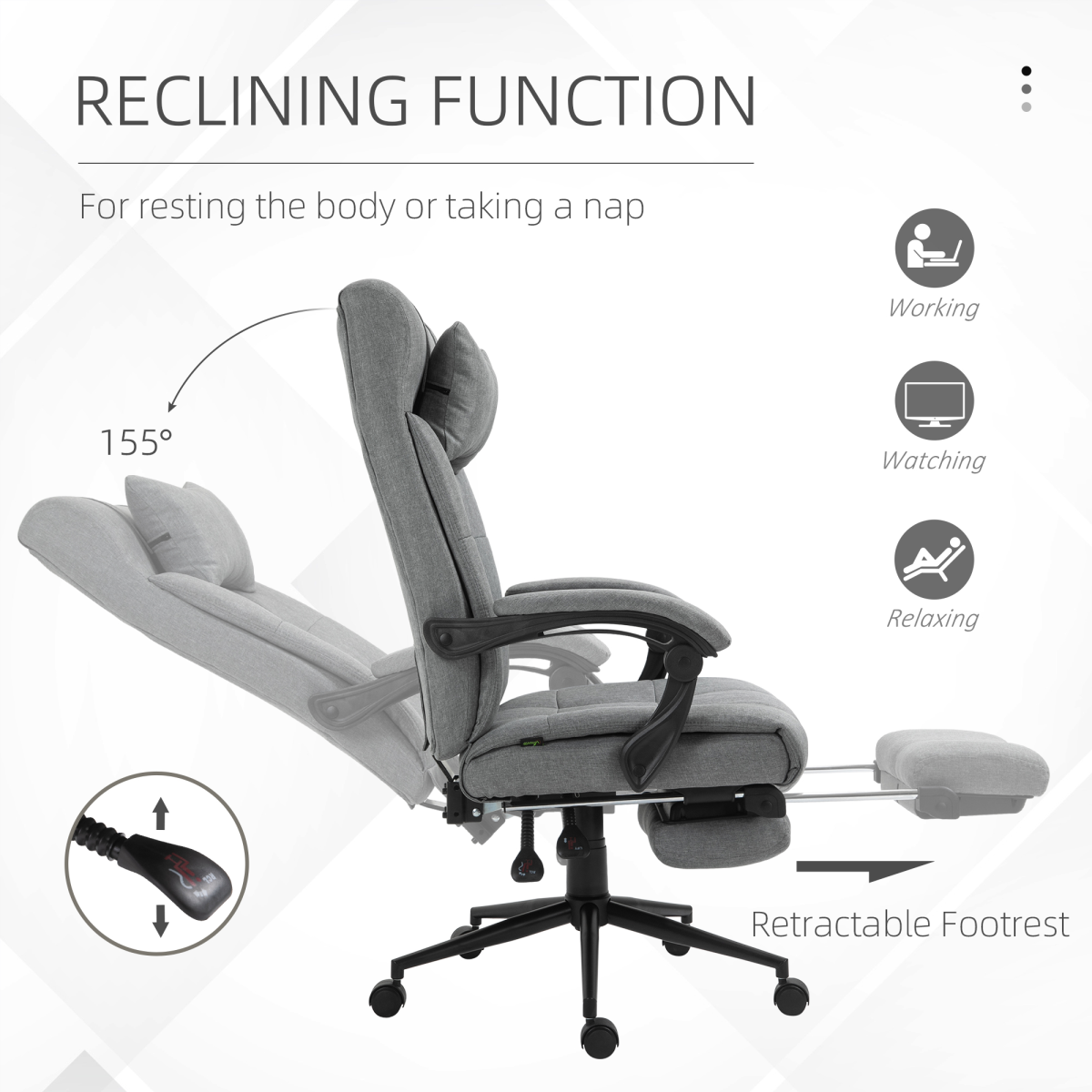 Office Chair with Footrest, Adjustable Height, 155° Recline, Swivel, Armrests, Rolling, Light Grey