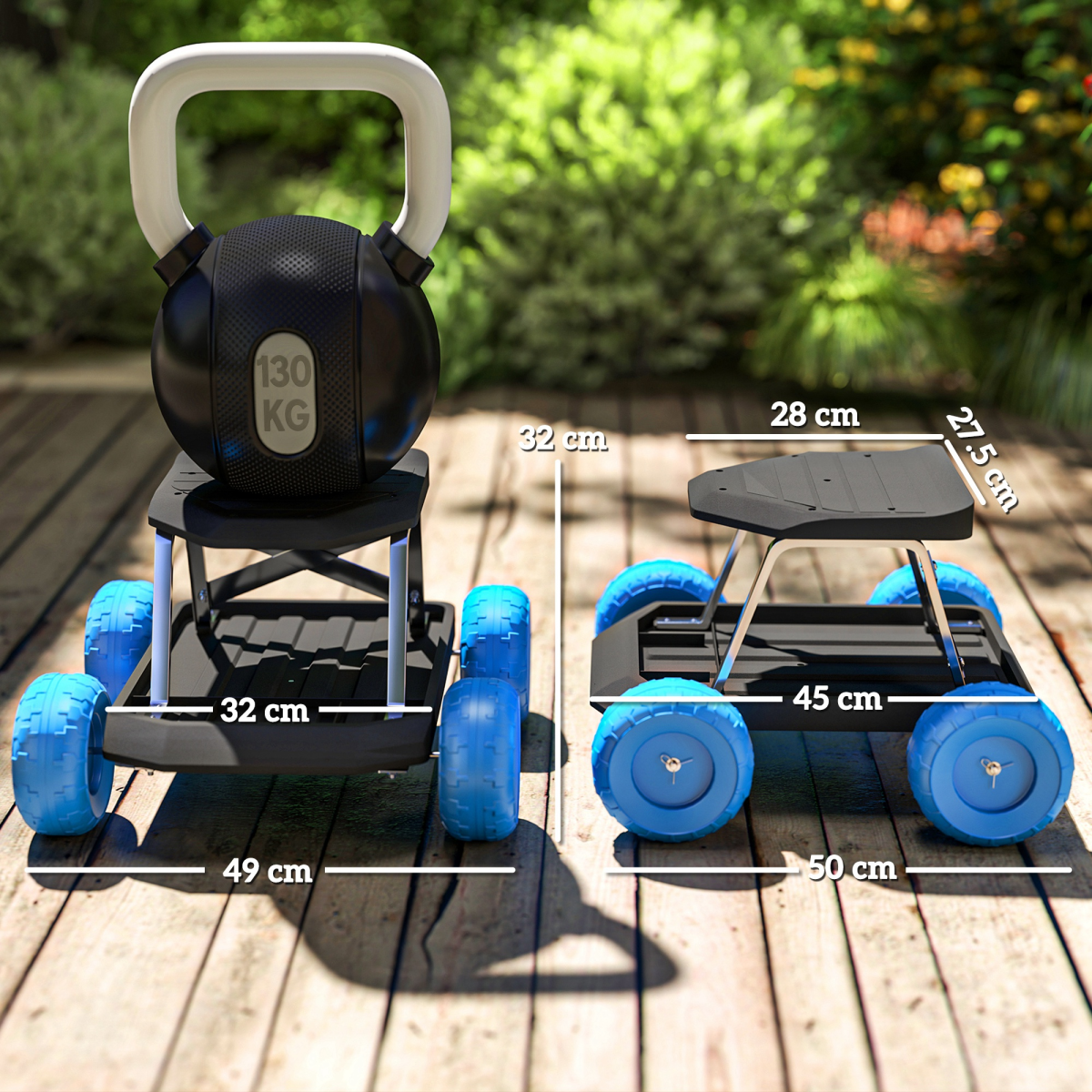 Outsunny Garden Seat Cart with Wheels and Tool Tray, Blue
