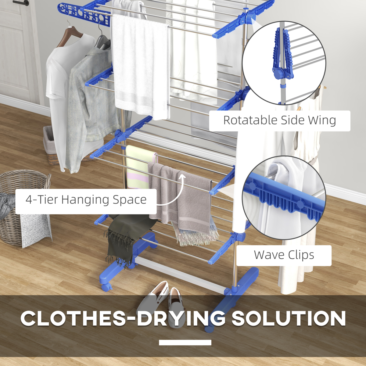 HOMCOM 4-Tier Foldable Stainless Steel Clothes Drying Rack, Blue
