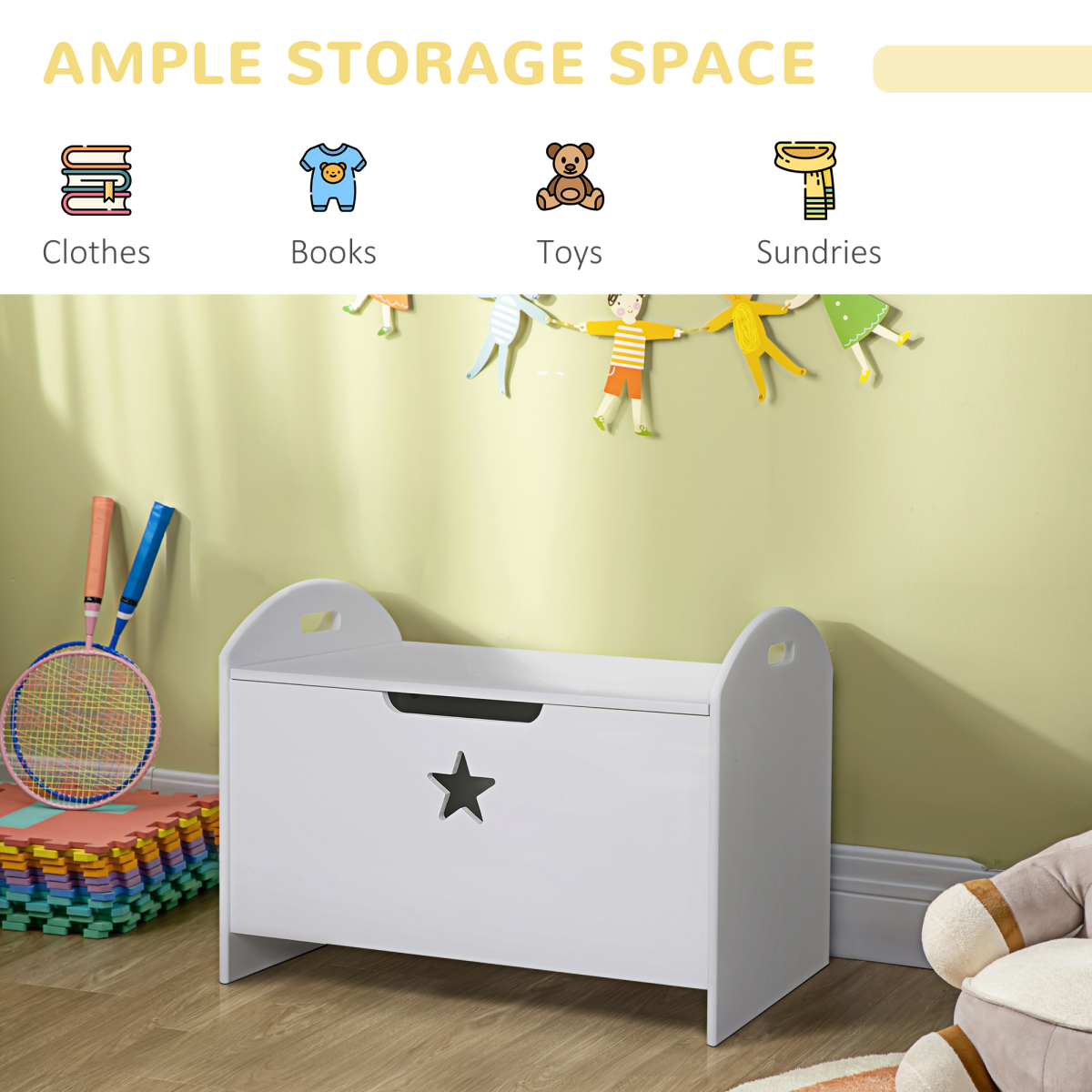 Kids Wooden Toy Storage Box with Handles, White