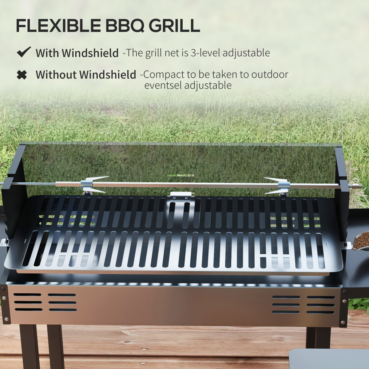 Outsunny Charcoal Rotisserie BBQ Grill with 3-Tier Grate & Foldable Shelves