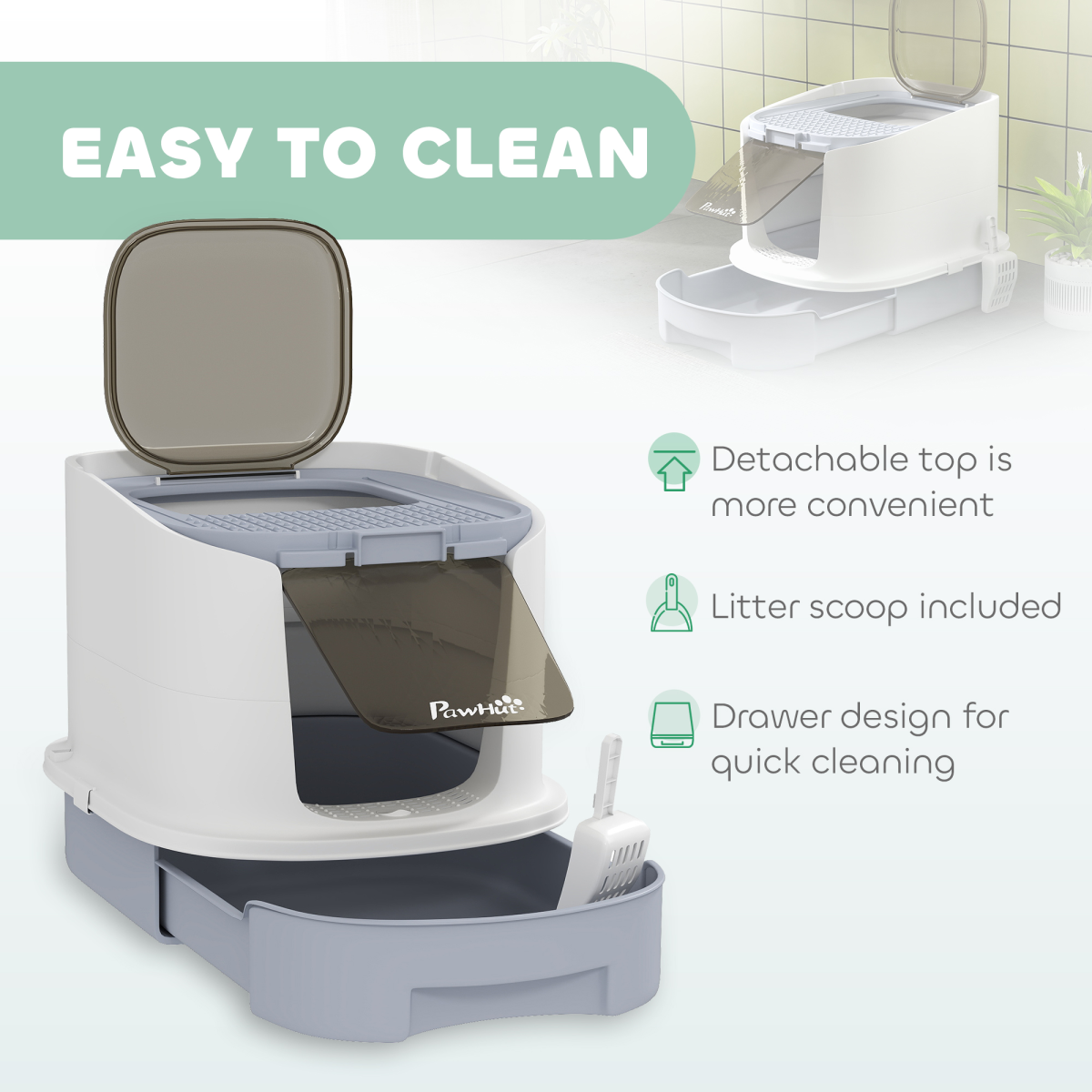PawHut Hooded Cat Litter Box with Lid, Scoop and Drawer, Grey