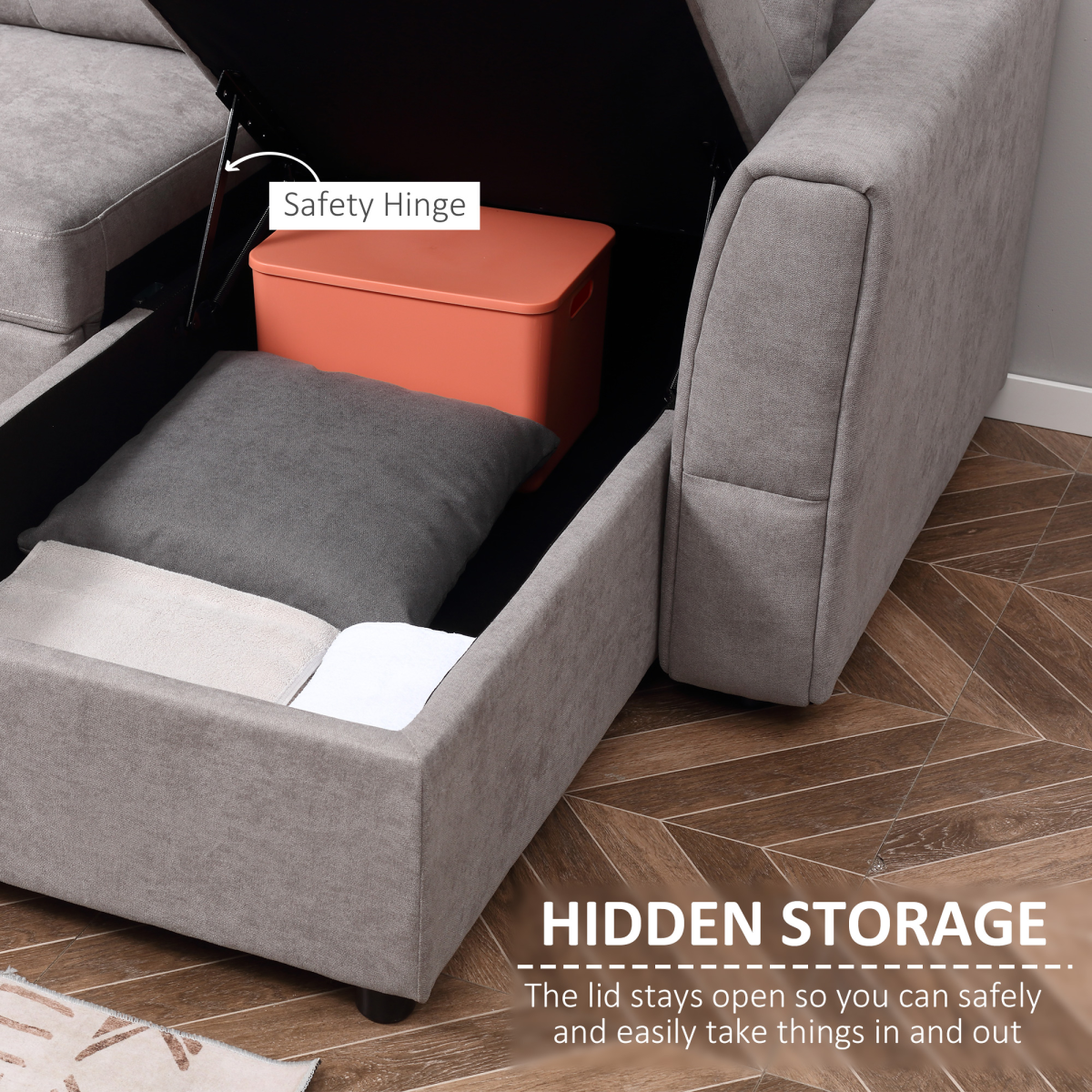 Linen-Look L-Shaped Sofa Bed with Storage, Grey