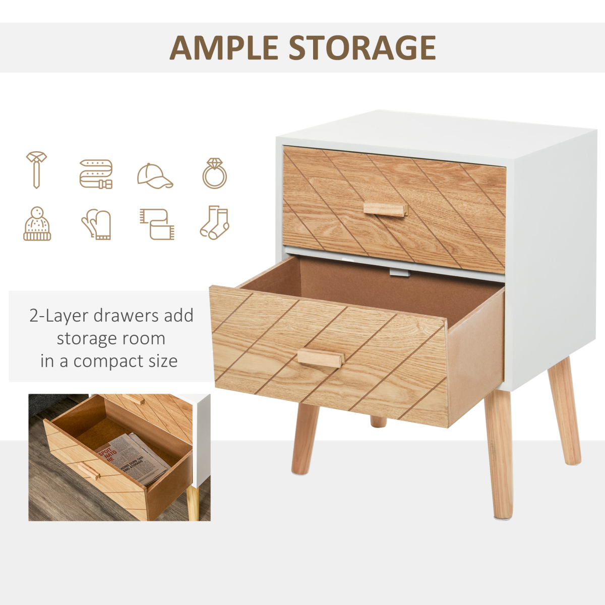 HOMCOM Nordic Style Wooden 2-Drawer Side Cabinet Bedside Table Storage Chest