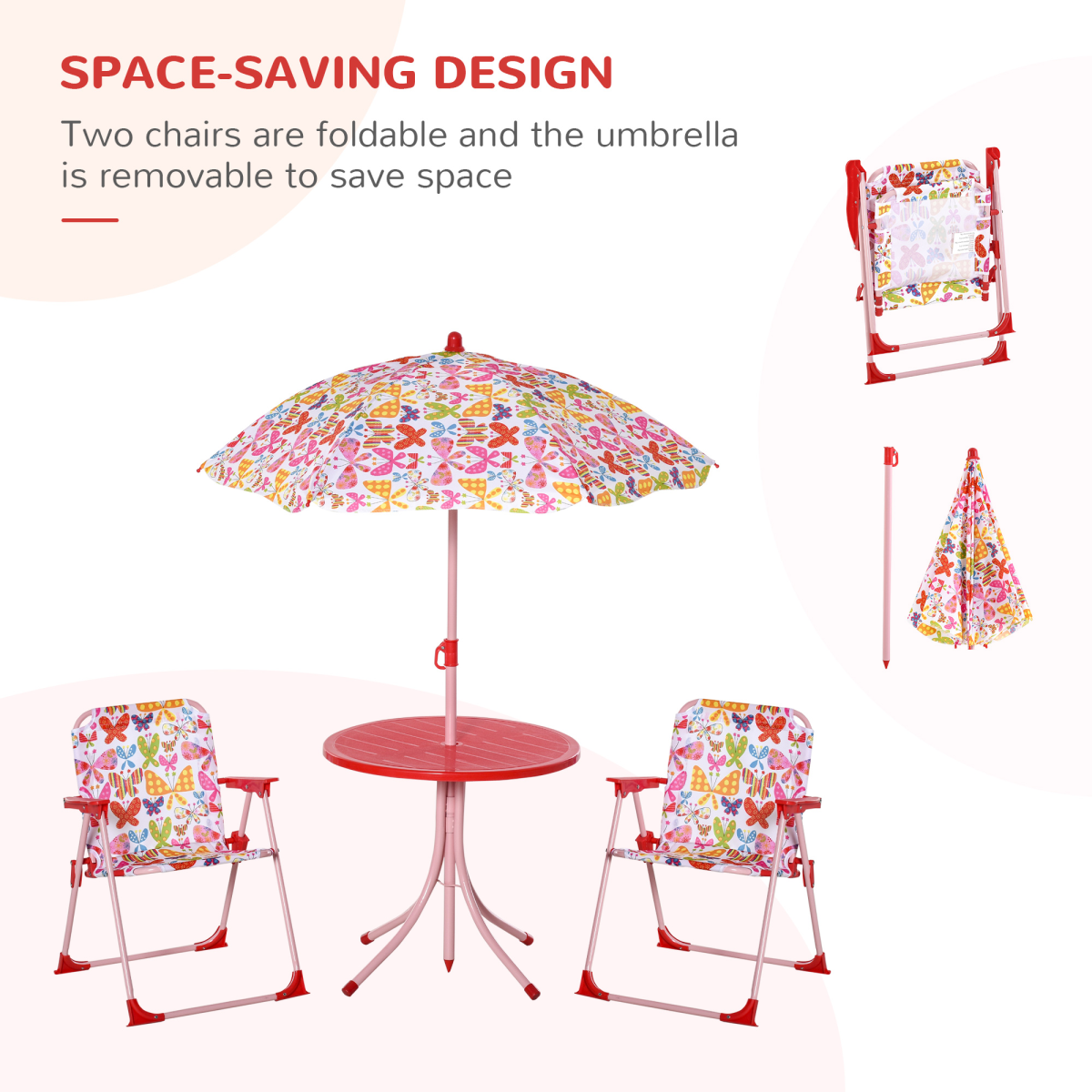 Kids 4-Piece Folding Picnic Table and Chair Set with Butterfly Parasol