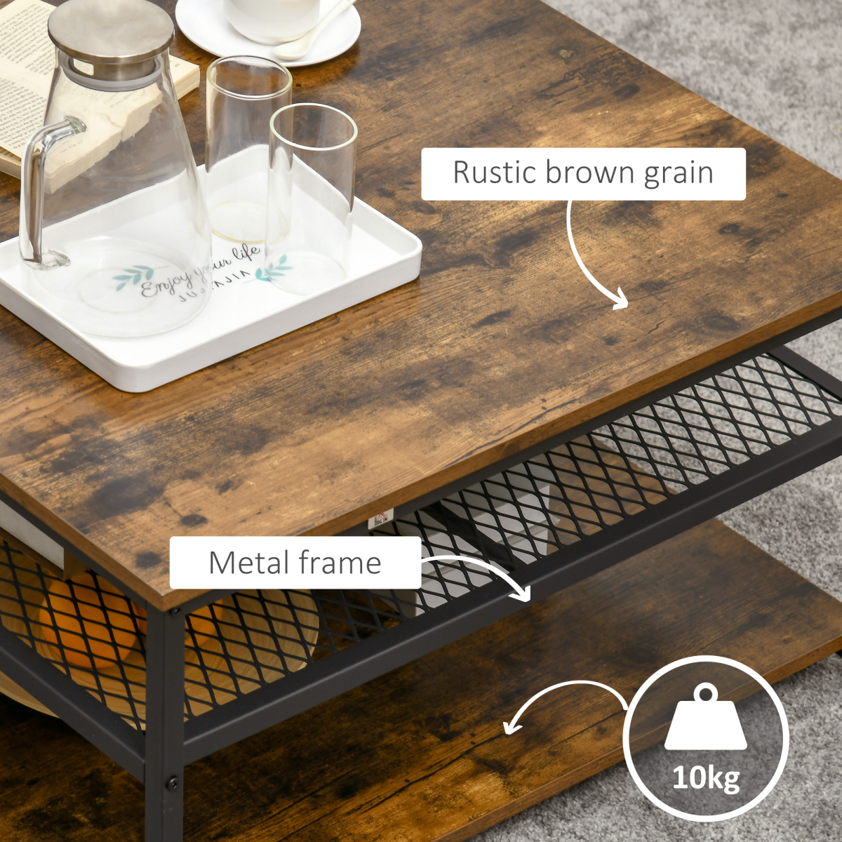 Industrial Coffee Table with 3-Tier Storage Shelves, Rustic Brown, Black Steel Frame, 80 x 80 x 45 cm