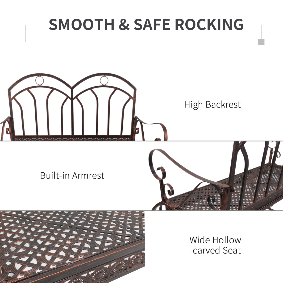 Outsunny 2-Seater Metal Rocking Garden Bench, Bronze