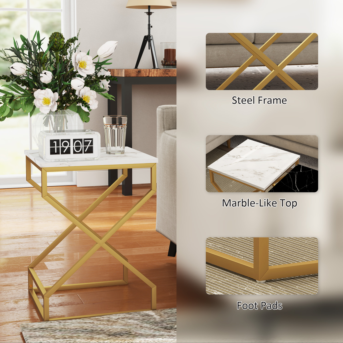 HOMCOM Nesting Coffee Tables Set, Marble-Effect Tops, Steel Frame, Black/White/Gold