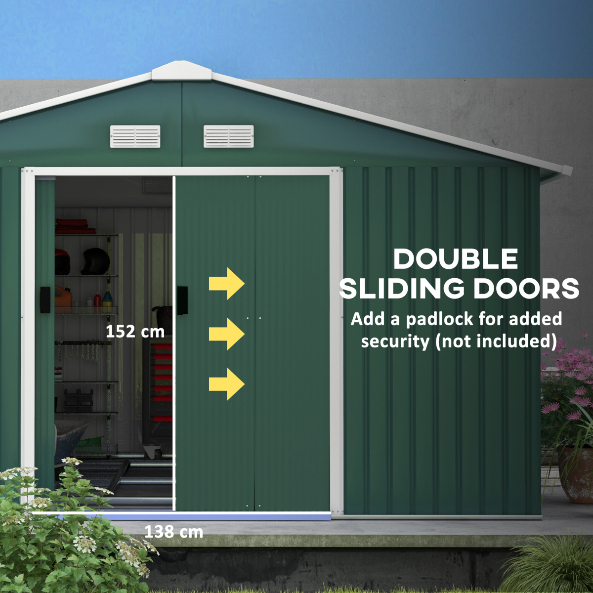 Outsunny 13ft x 11ft Green Metal Storage Shed with Sliding Double Doors, Sloping Roof, Ventilation and Floor Foundation