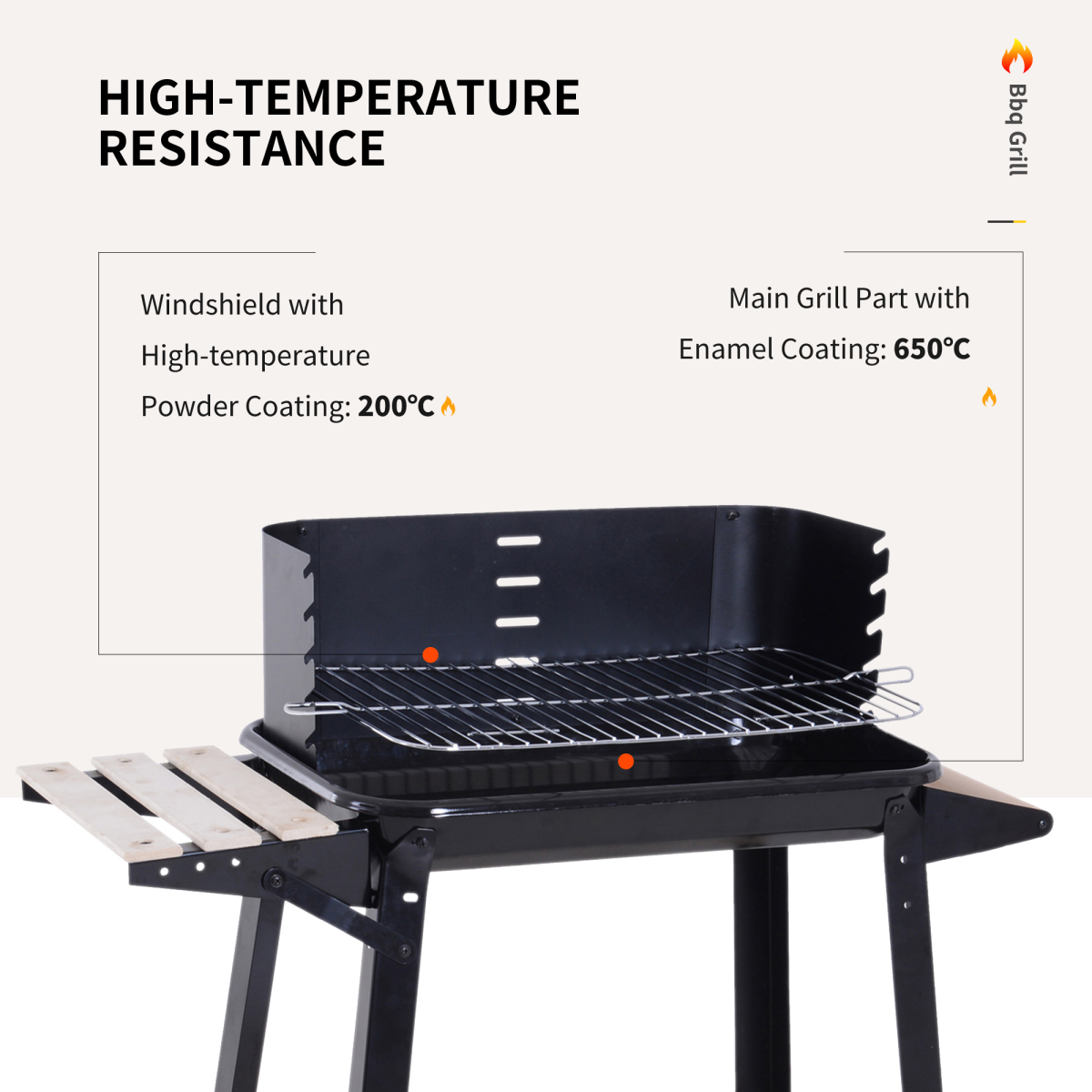 Outsunny Charcoal BBQ Grill with Adjustable 4-Height Grill Pan, Side Wind Shield, Shelf and Wheels, 87 x 45 x 83 cm, Black