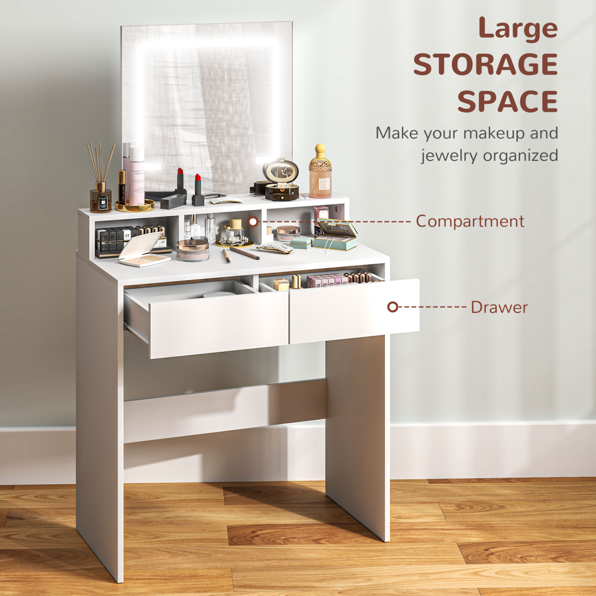 HOMCOM Dressing Table with Mirror, LED Lights, 2 Drawers, White