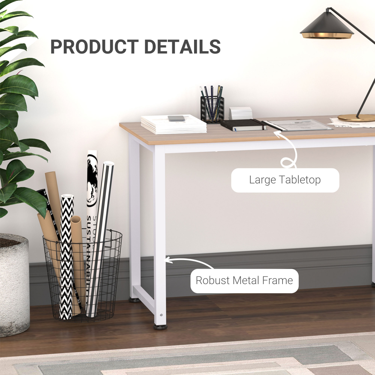 HOMCOM Oak Grain Tone MDF Writing Desk with White Metal Frame, 120W x 60D x 76Hcm