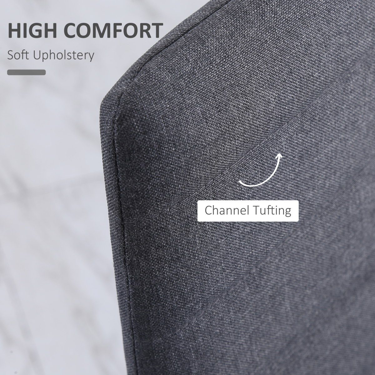 Set of 4 High Back Upholstered Dining Chairs, Grey Linen-Look Fabric, Steel Legs