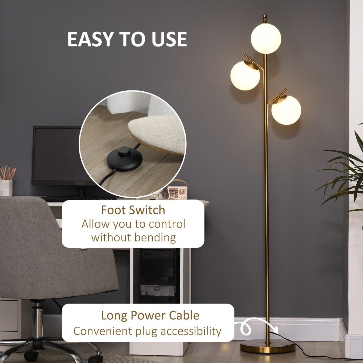 Modern 3-Light Gold Floor Lamp for Living Room & Bedroom