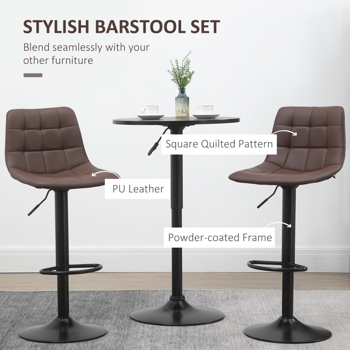 HOMCOM Set of 2 Adjustable Swivel Stools with Footrest, Faux Leather, Brown