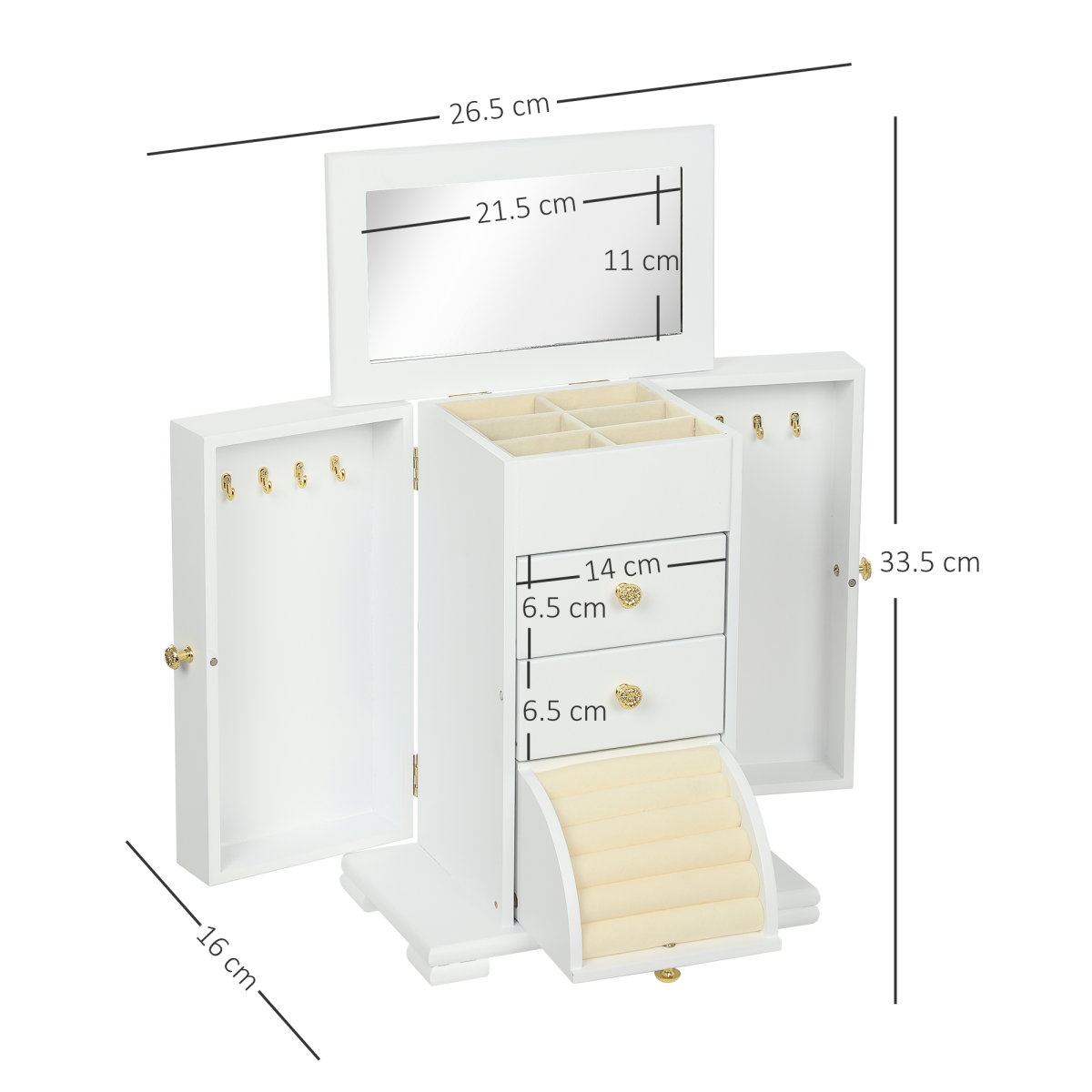 HOMCOM 4-Tier Jewellery Box with Mirror and 2 Drawers, White