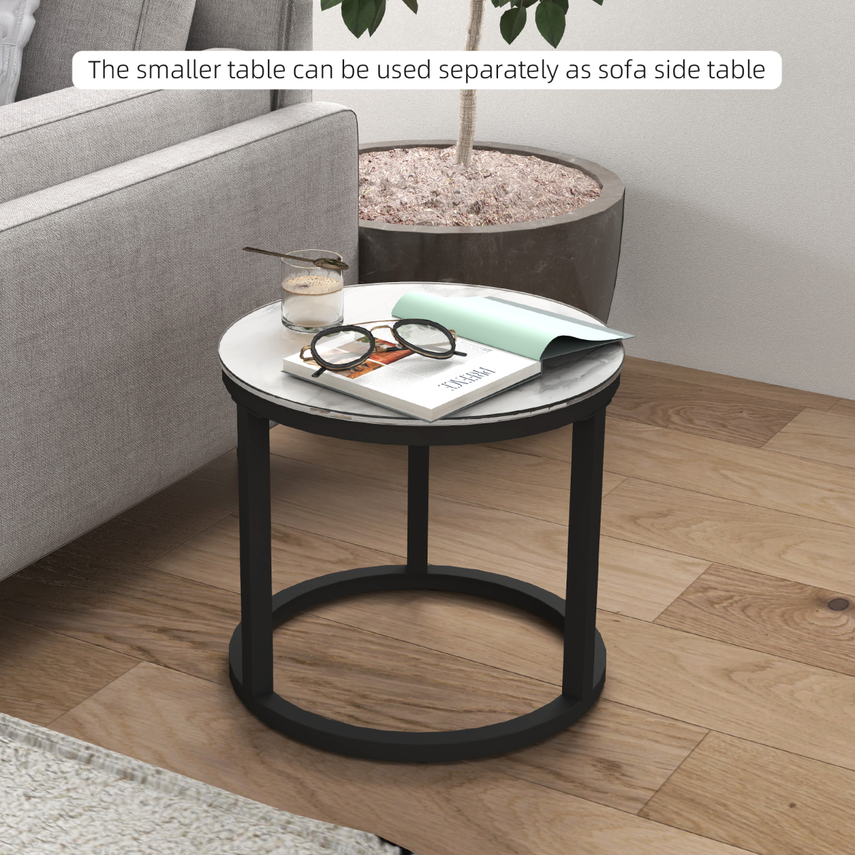 HOMCOM Round Glass Nesting Coffee Table Set of 2, Marble-Effect