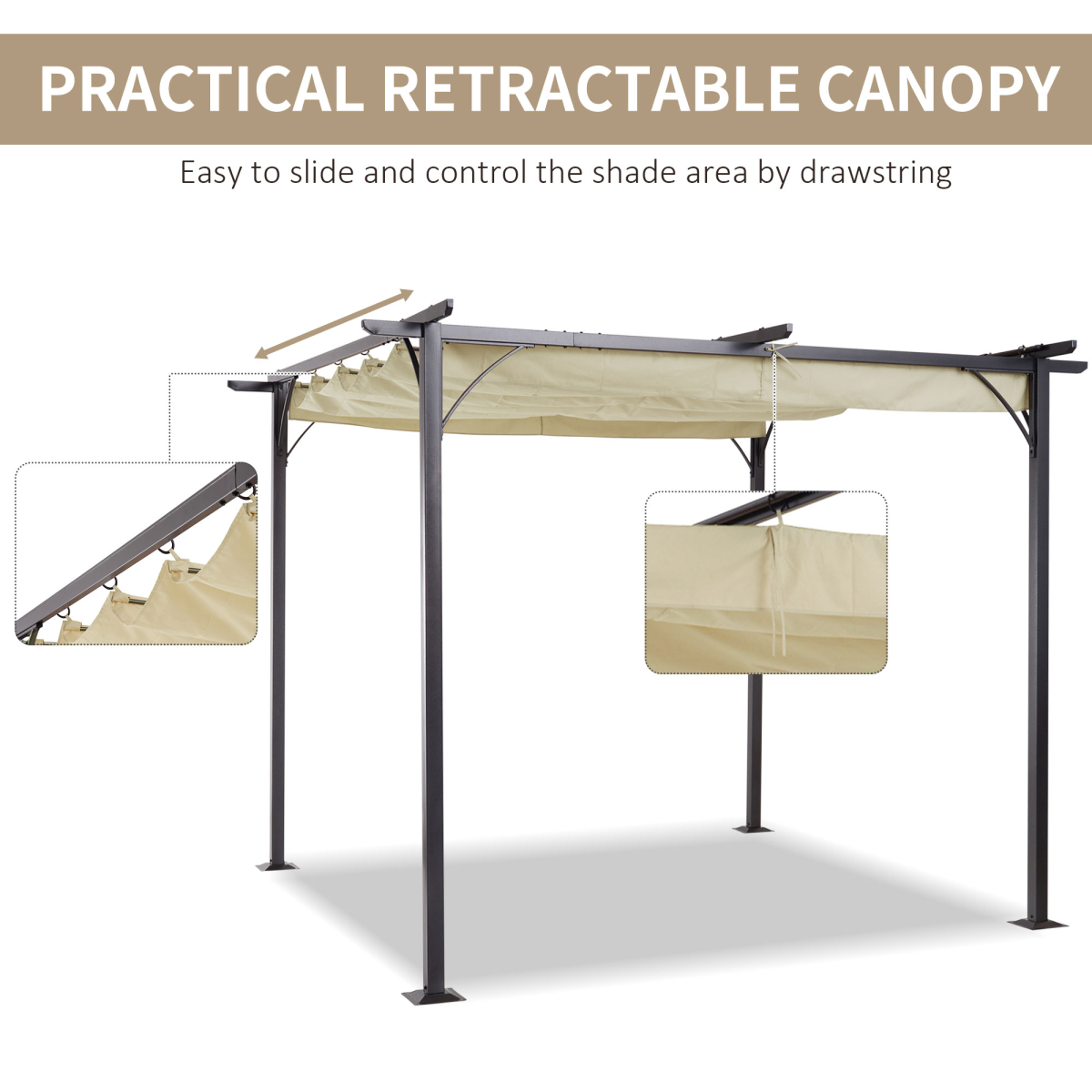 3x3m Outdoor Metal Pergola with Retractable UV-Resistant Canopy for Garden and Patio