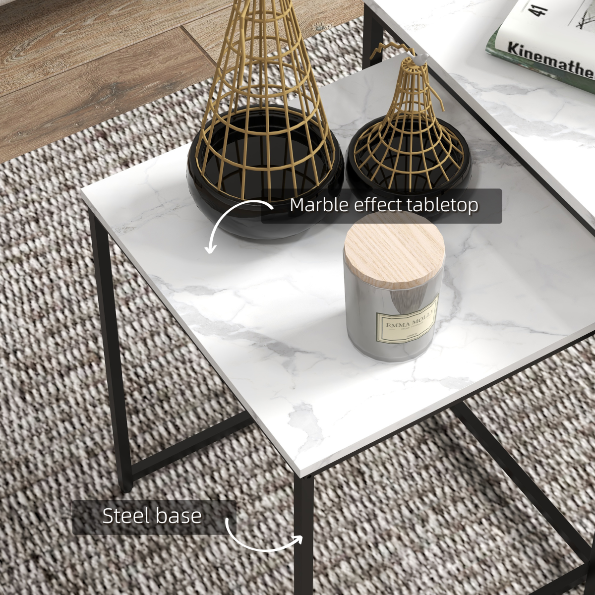 HOMCOM Set of 3 Nesting Coffee Tables, White Marble Effect