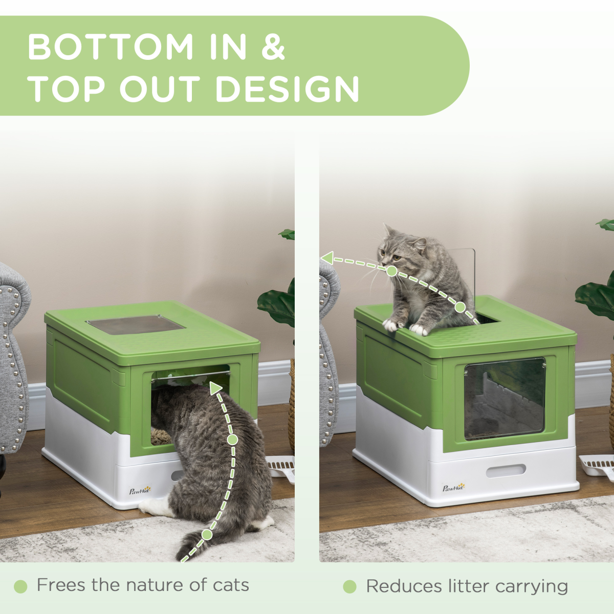 PawHut Enclosed Top-Entry Cat Litter Box with Scoop, Lime Green