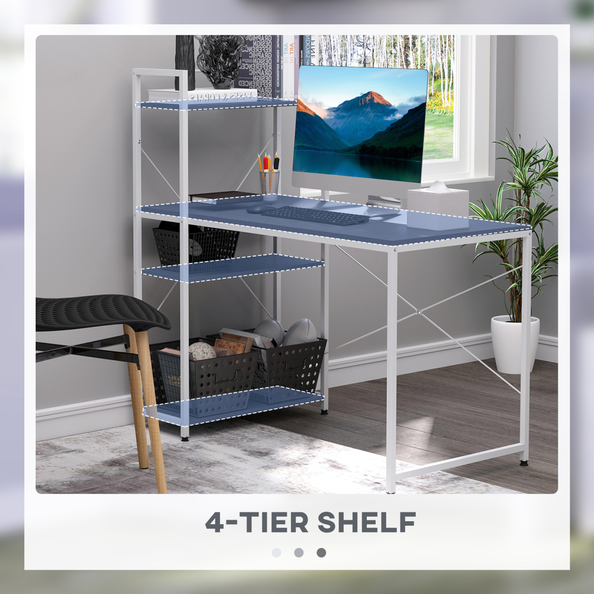 HOMCOM Computer Workstation Desk with 4-Tier Bookshelf, Metal Frame, White/Black Colour
