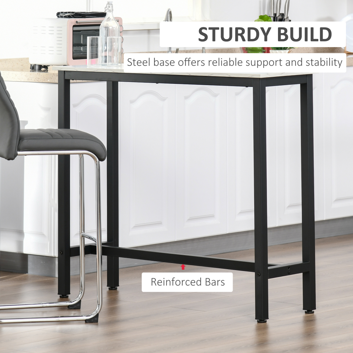 Marble Grain Bar Table with Adjustable Footpads, White & Black