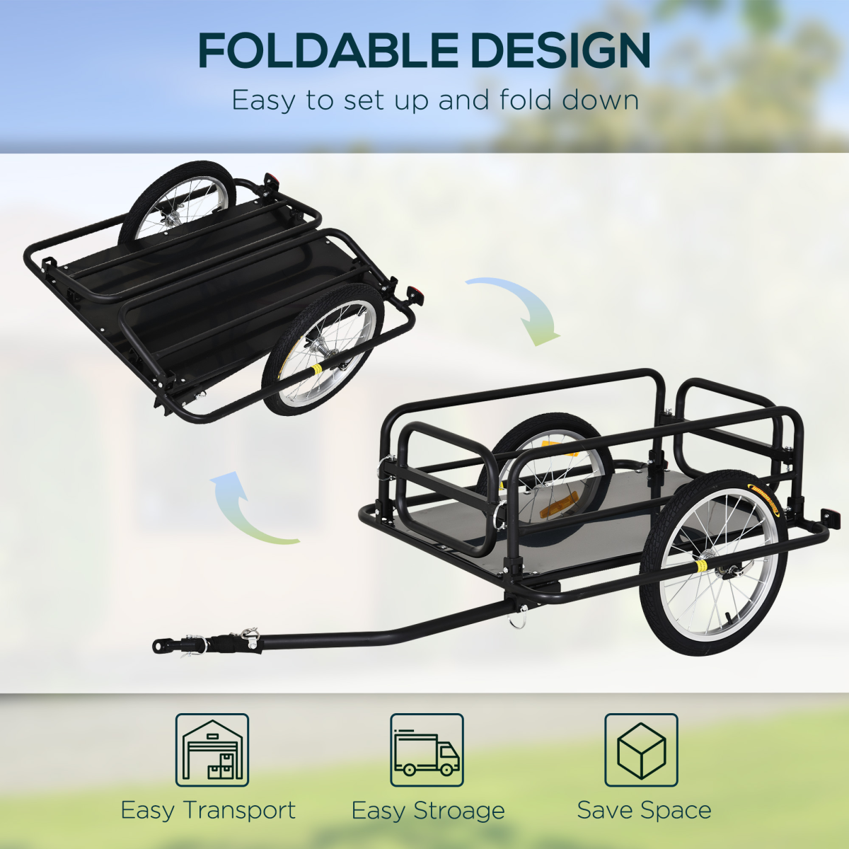 HOMCOM Folding Frame Bike Cargo Trailer with Hitch, 16-Inch Wheels, Steel Frame, 40kg Capacity, Black