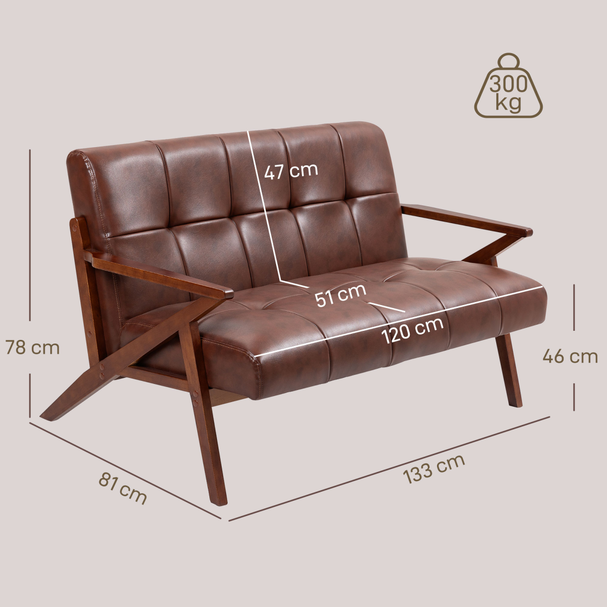 HOMCOM Compact Vintage Brown 2 Seater Sofa with Solid Wood Frame