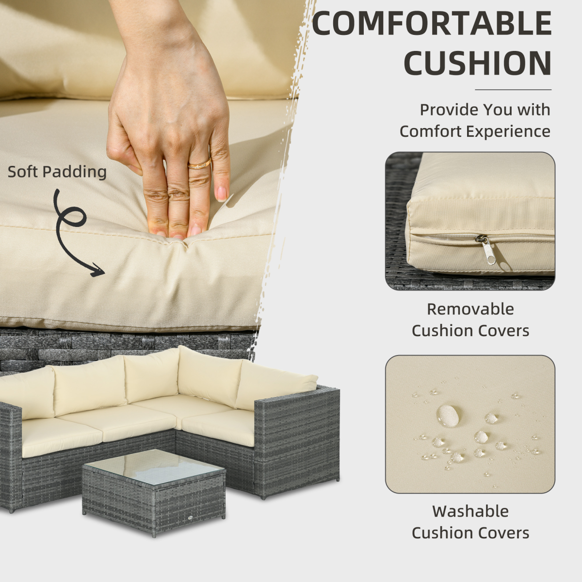 Outsunny 3-Piece Rattan Corner Sofa Set with Coffee Table and Cushions Garden Furniture