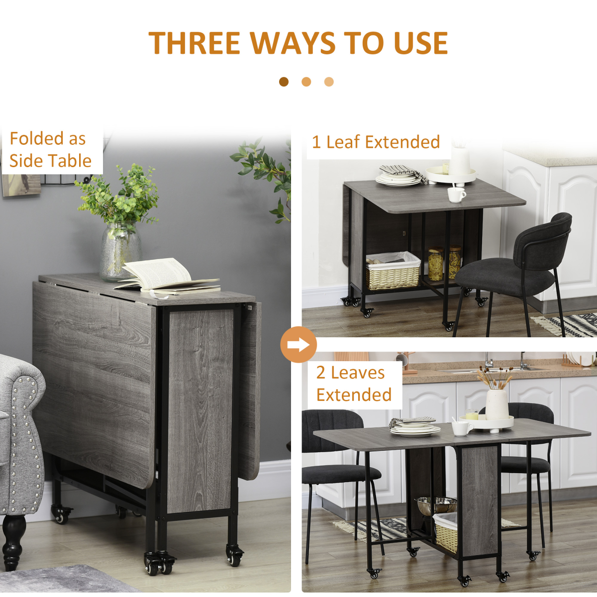 HOMCOM Mobile Drop Leaf Dining Table with Storage Shelf and Lockable Wheels