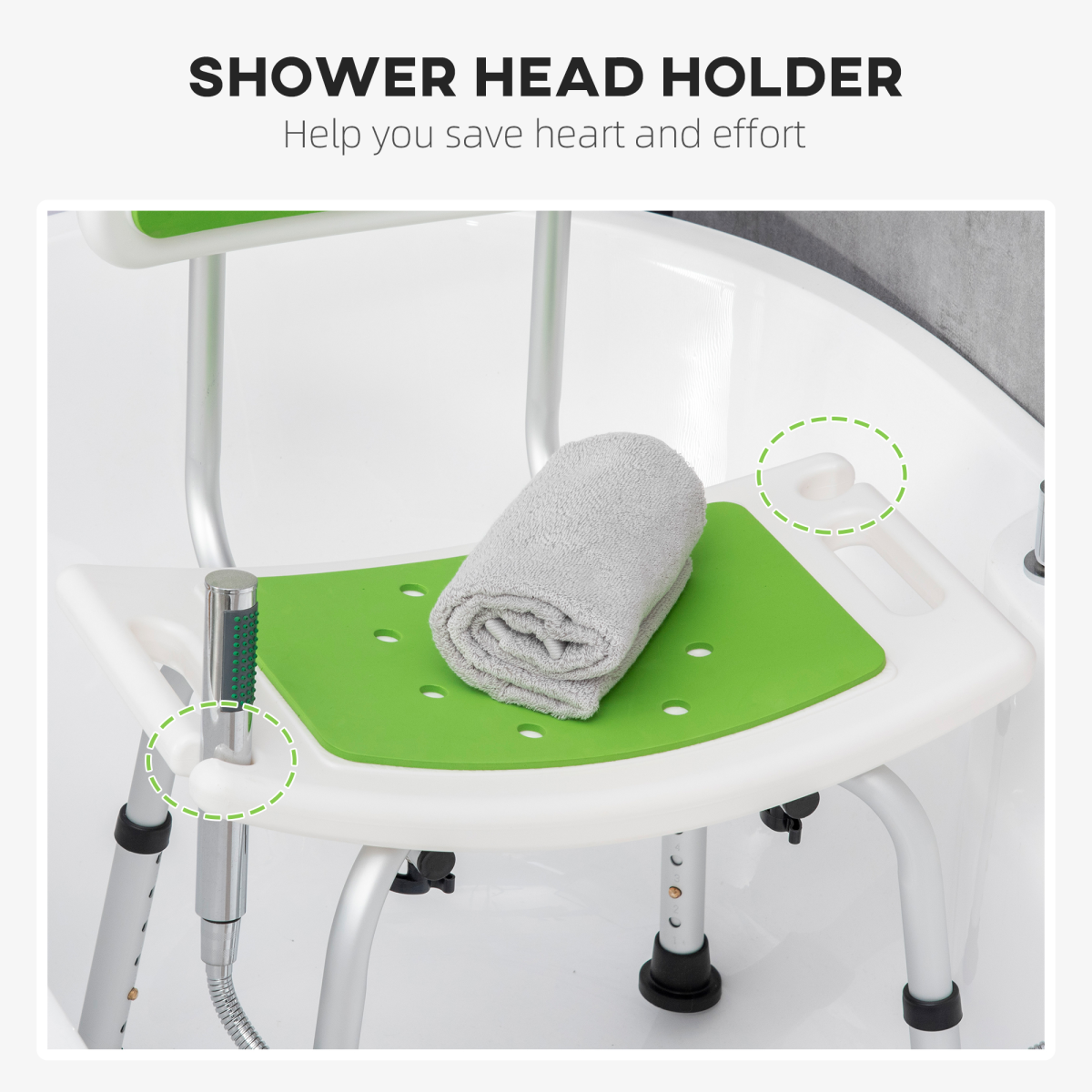 Adjustable Shower Stool for Elderly and Disabled, Six-Level Height Adjustable Bath Seat with Back, Drainage Holes, Aluminium Frame and Anti-Slip Feet