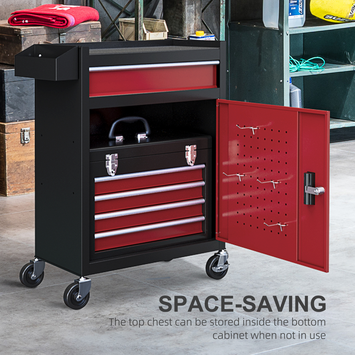 HOMCOM 5-Drawer Rolling Tool Cabinet with Lockable Cupboard