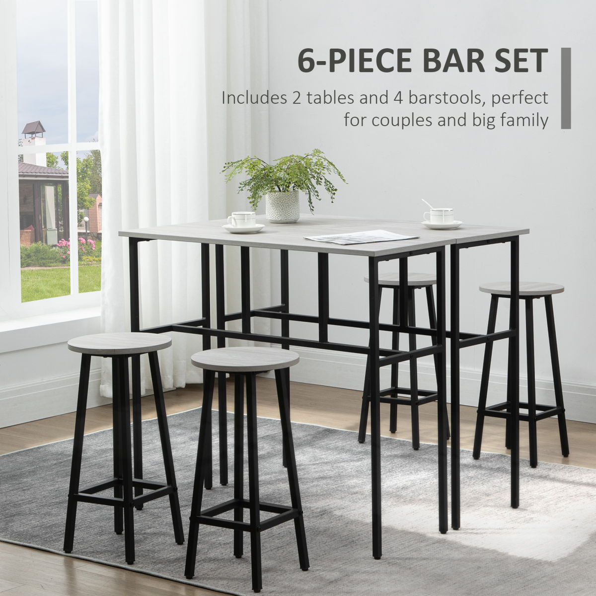 HOMCOM 6-Piece Bar Table Set with 2 Breakfast Tables and 4 Stools, Grey