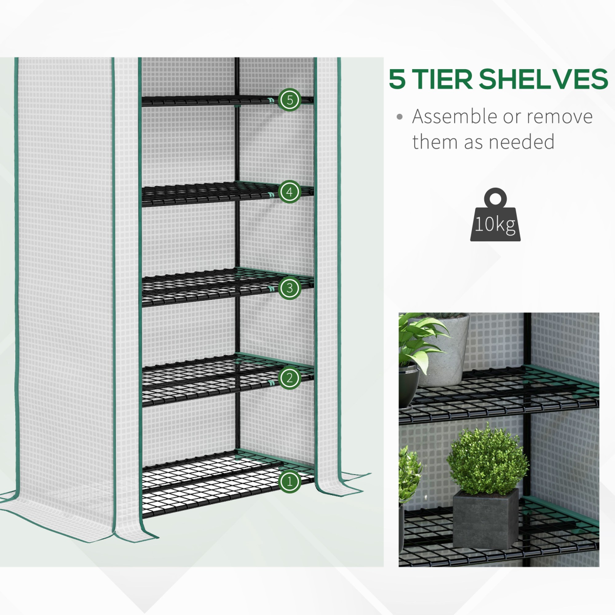 Outsunny 5-Tier Mini Greenhouse with Wide Roll-Up Door, White, 90 x 49 x 193 cm