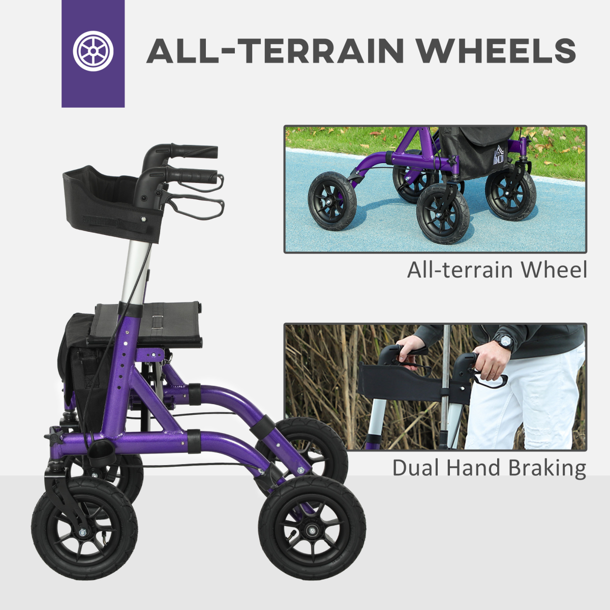 HOMCOM Rollator Walker with Seat, Brakes, Bag, All-Terrain Wheels