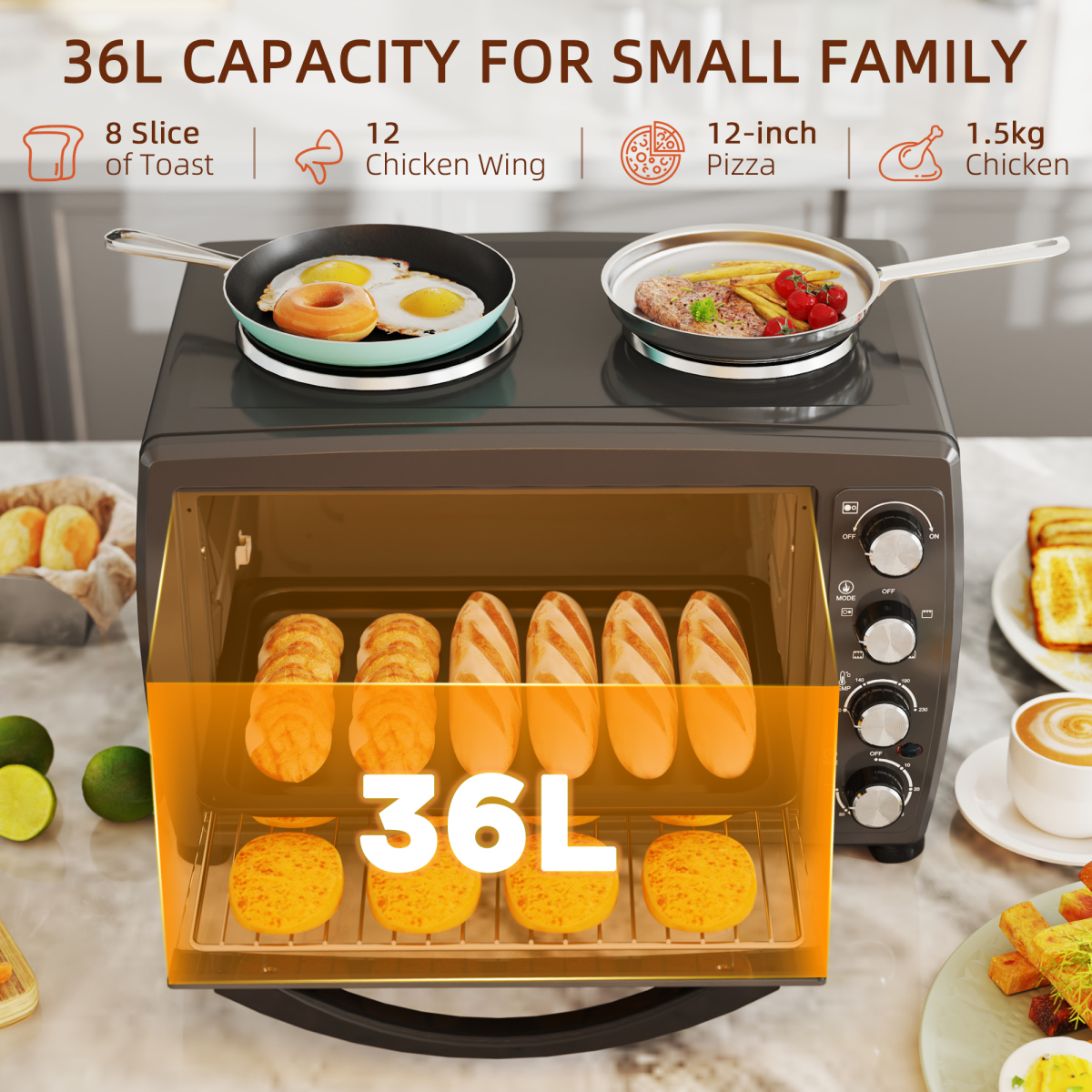 HOMCOM 36L Countertop Toaster Oven with Dual Hot Plates, 2600W