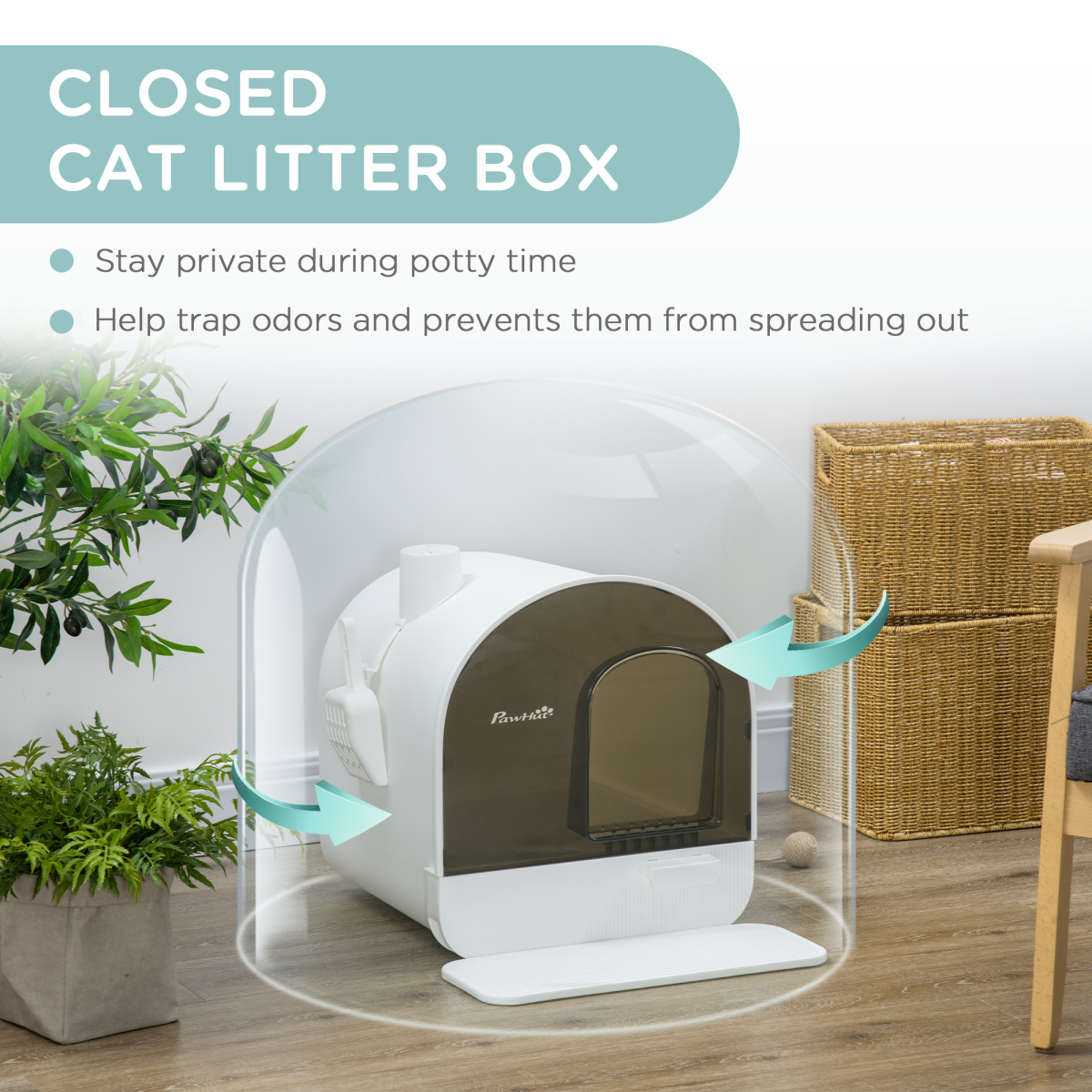 PawHut Hooded Cat Litter Tray with Scoop, Filter & Flap Door