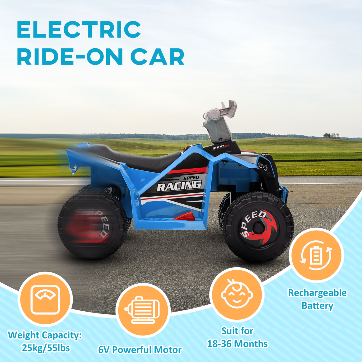 HOMCOM 6V Kids Ride-On Quad Bike ATV, 18-36 Months, Blue