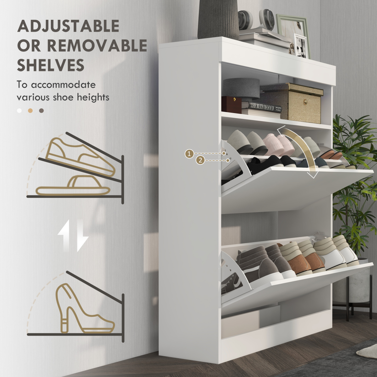 HOMCOM 2-Drawer Flip Shoe Cabinet, Wall Mounted or Freestanding, White