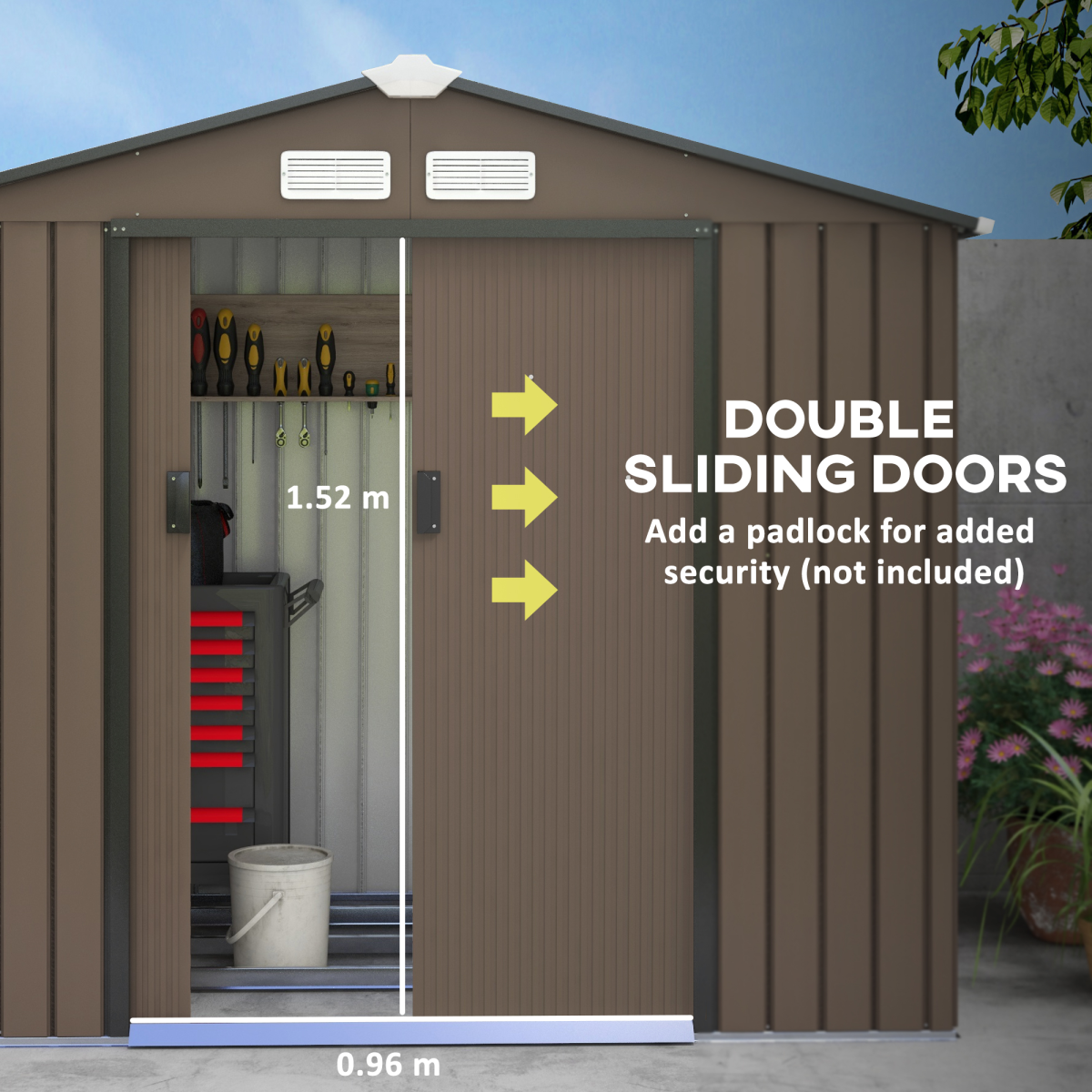 Outsunny Galvanized Metal Garden Shed with Locking Double Doors and Ventilation, Brown