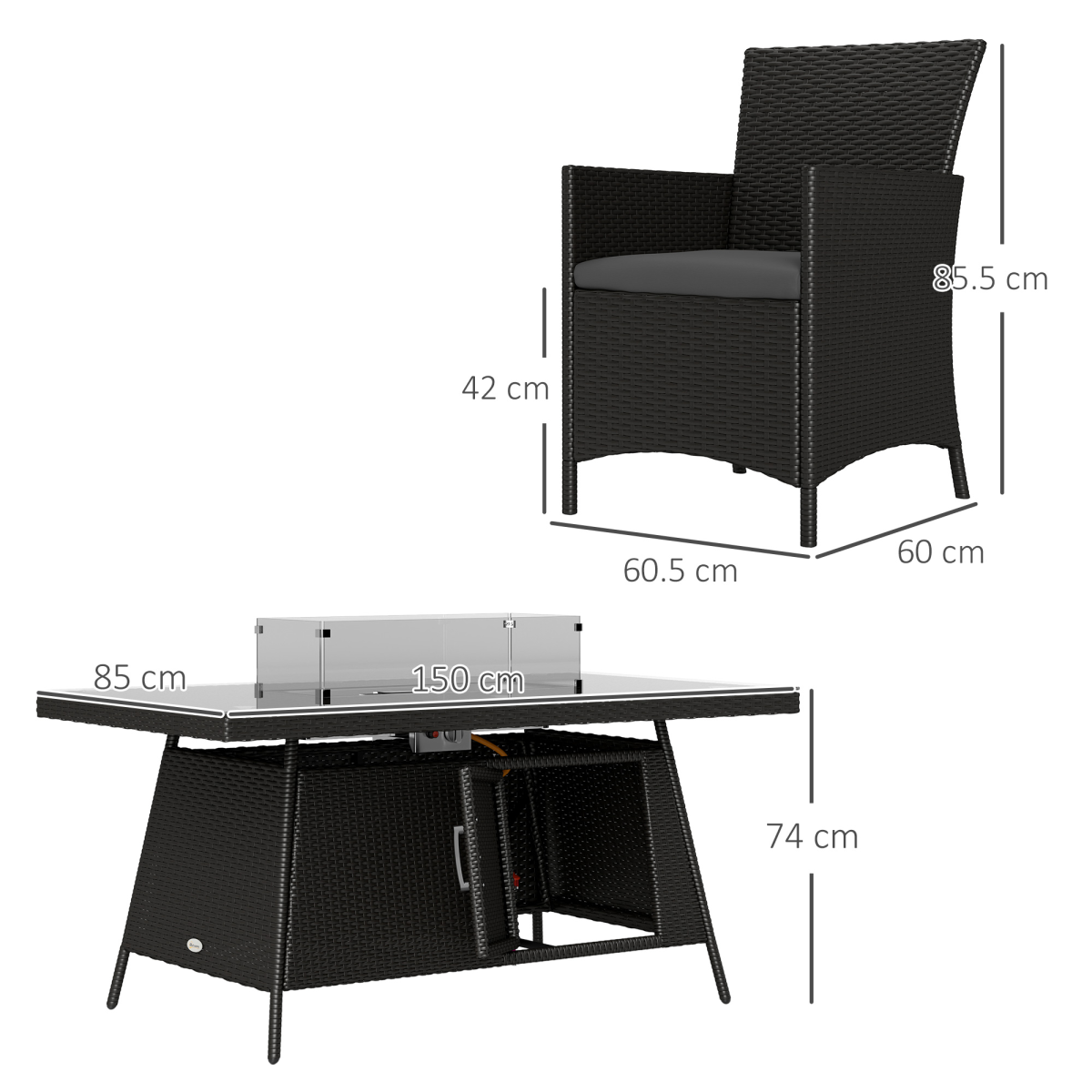 Outsunny 7 Piece Rattan Garden Dining Set with Fire Pit Table, Black