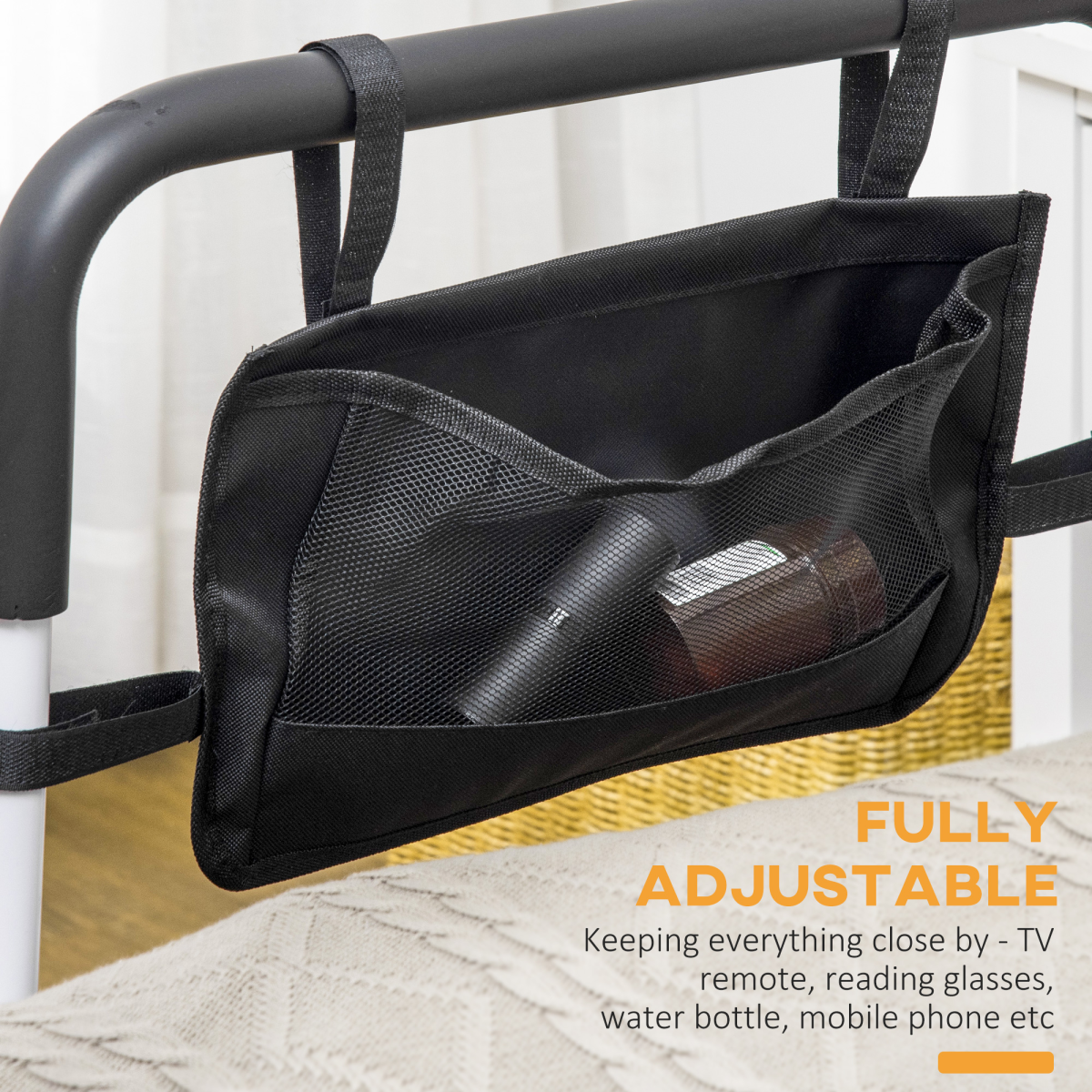 HOMCOM Adjustable Bed Assist Rail Grab Bar with Side Pocket, Steel Frame, White