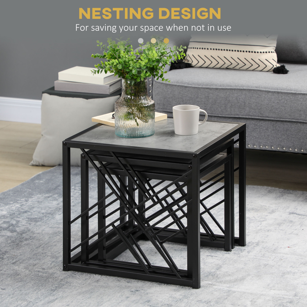 Set of 3 Nesting Square Coffee Tables with Metal Frame, Grey