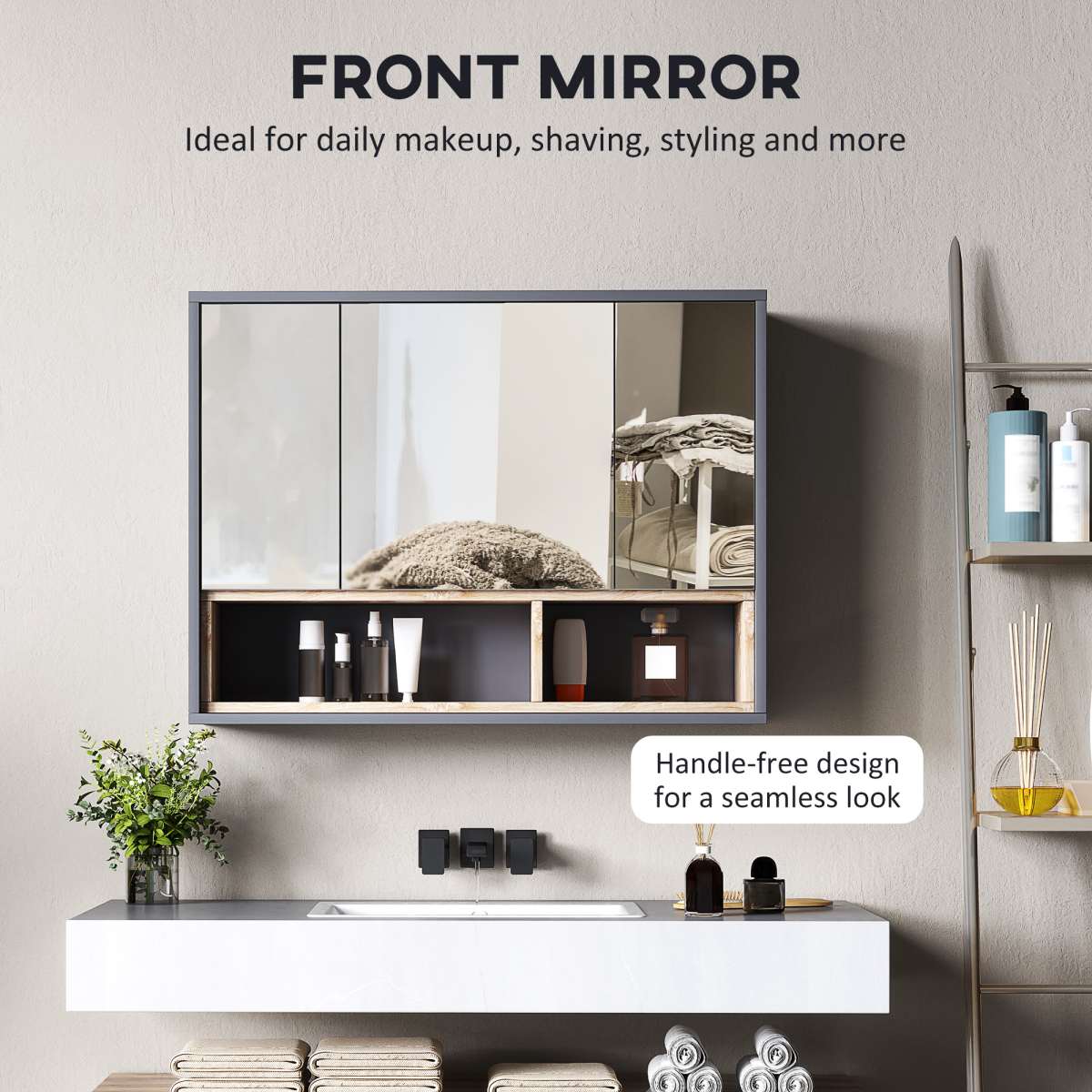 HOMCOM Wall Mounted Mirrored Bathroom Cabinet with Shelves, Grey