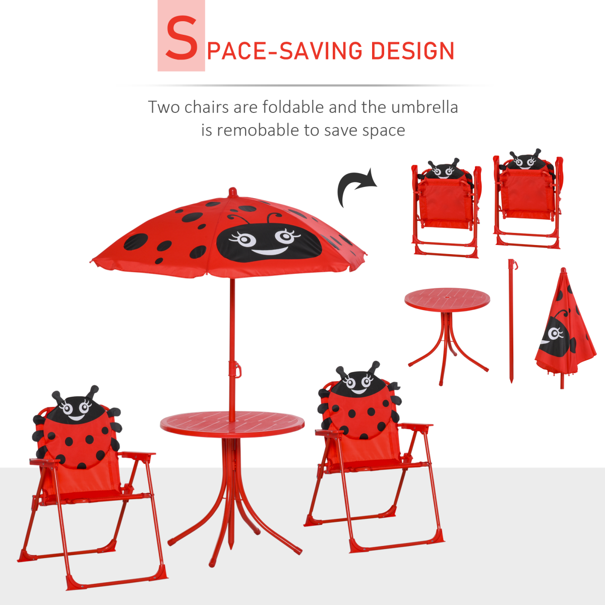 Kids 4-Piece Folding Picnic Table and Chair Set, Ladybird Parasol